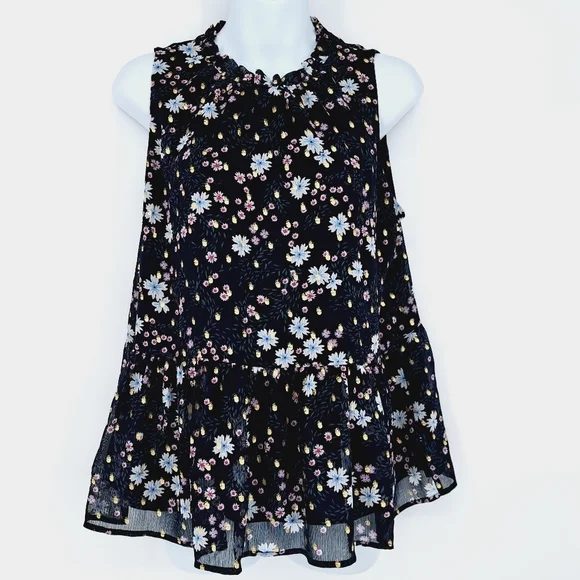 Loft Floral Tiered Chiffon‎ Metallic Dot Ruffle Neckline Flowy Blouse - Picture 9 of 9